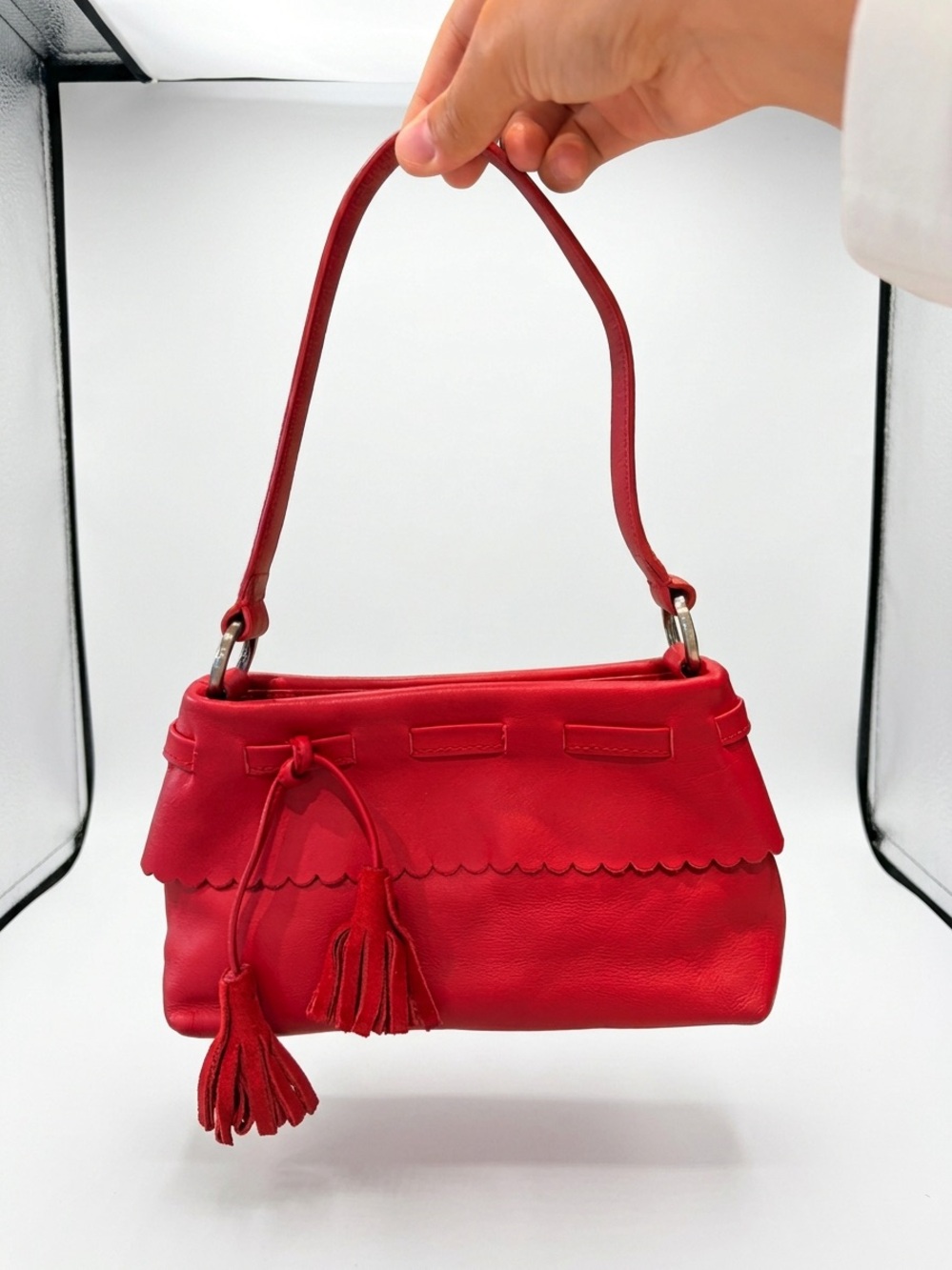 Furla Red Leather Shoulder Bag with Scallop Trim and Tassels